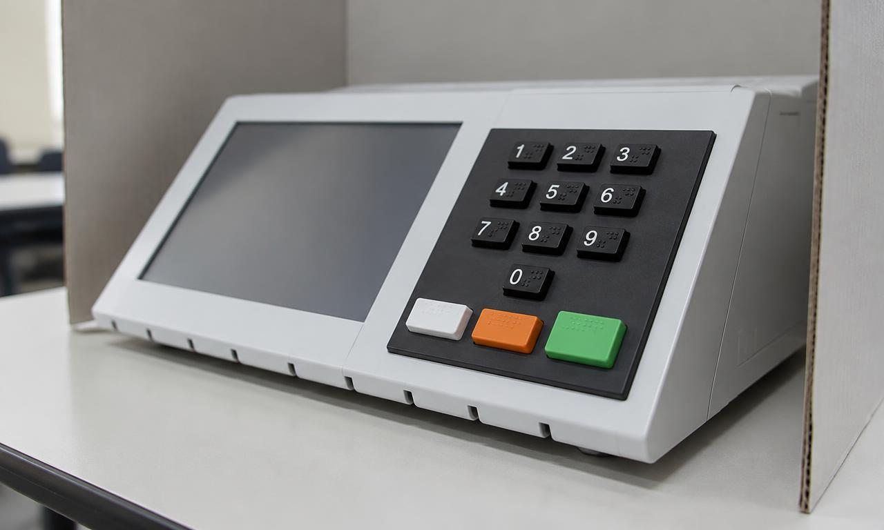 Urna eletrônica brasileira em cabine de votação