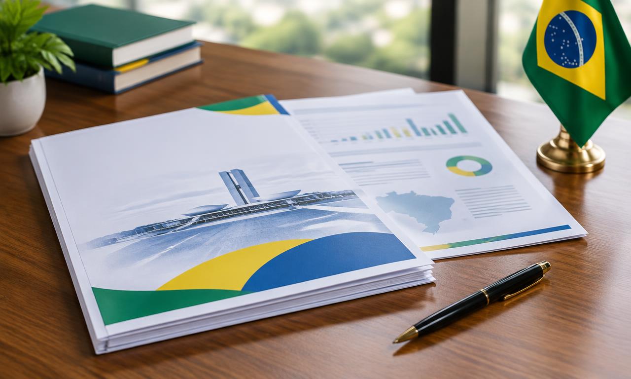 Documento de plano de governo sobre uma mesa com bandeira do Brasil