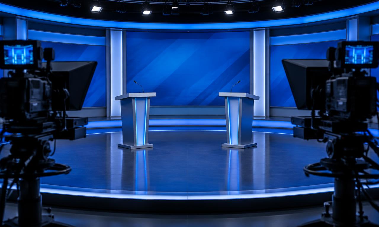 Estúdio de televisão vazio preparado para debate
